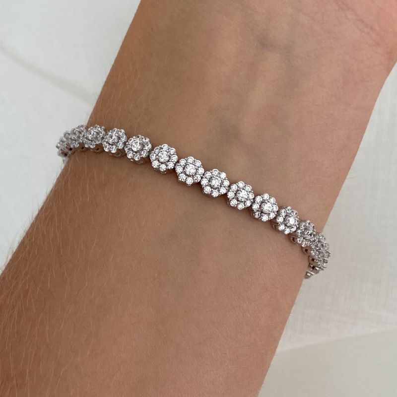 Pulseira Prata Flores Cravejada 17cm 2mm