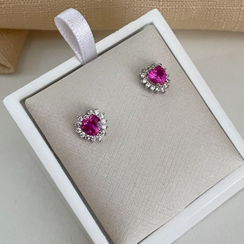 Brinco Prata Coração Rosa Cravejado