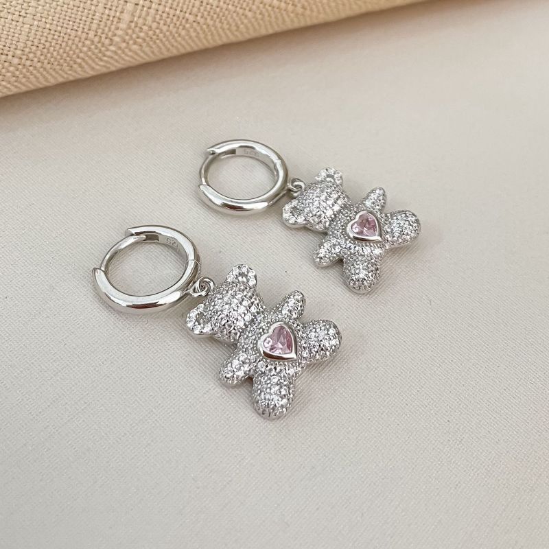 Argola Prata Urso Rosa