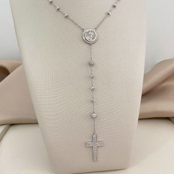 Gargantilha Prata Terço N Senhora Cravejada 60cm 1mm