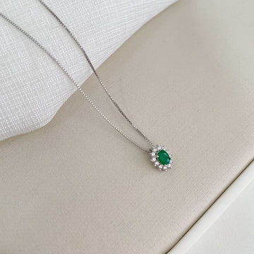 Gargantilha Prata Pedra Verde Escura Oval Cravejada 45cm 4mm