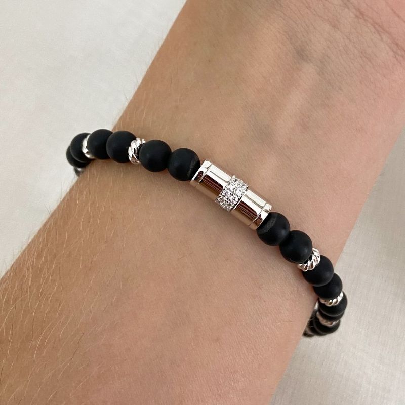 Pulseira Prata M. Pedra Onix Preta 1mm 22cm