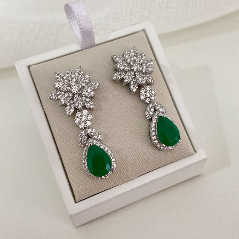 Brinco Prata 2 Flores Cravejado 1p Verde