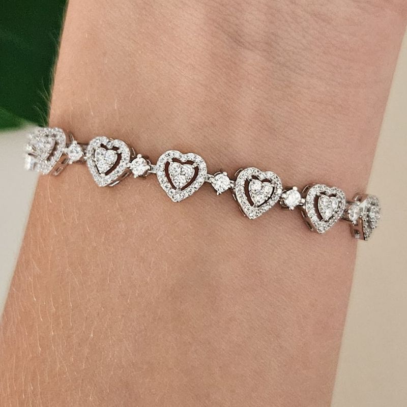 Pulseira Prata Coracoes Cravejado 1mm