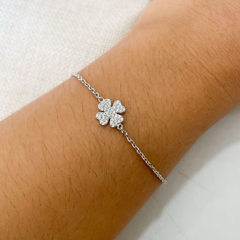 Pulseira Prata Trevo Cravejada 17cm 1mm