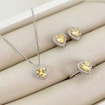 Conjunto Prata Coração Amarelo Cravejado