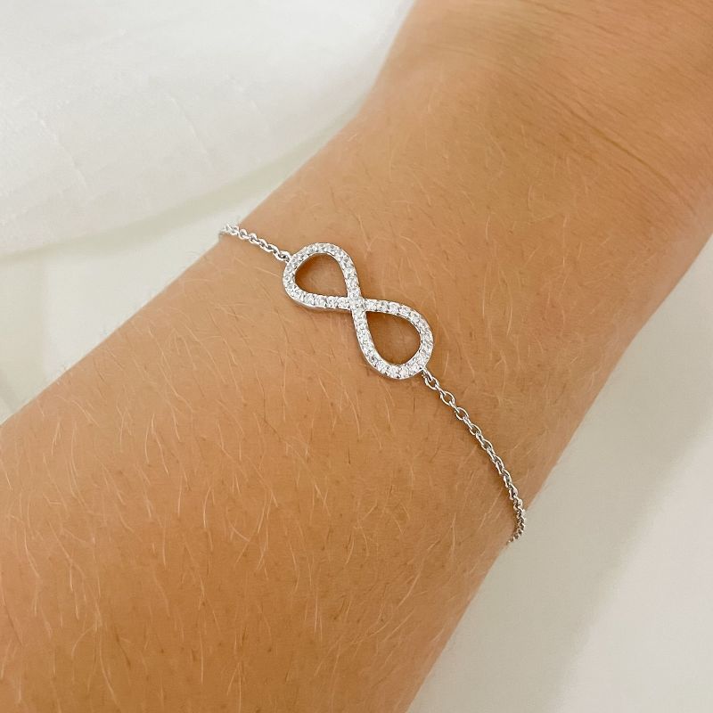 Pulseira Prata Infinito 1mm 17cm Cravejada