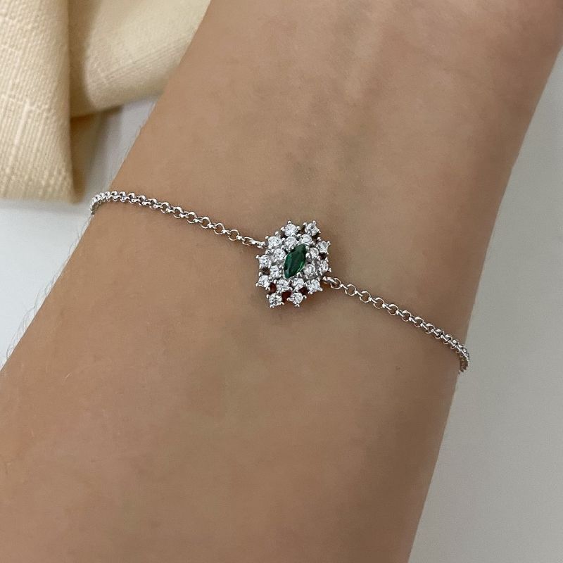 Pulseira Prata Pedra Verde Cravejada