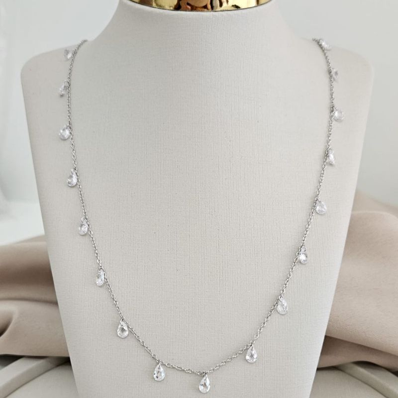 Gargantilha Prata Pedras Cristal 70cm