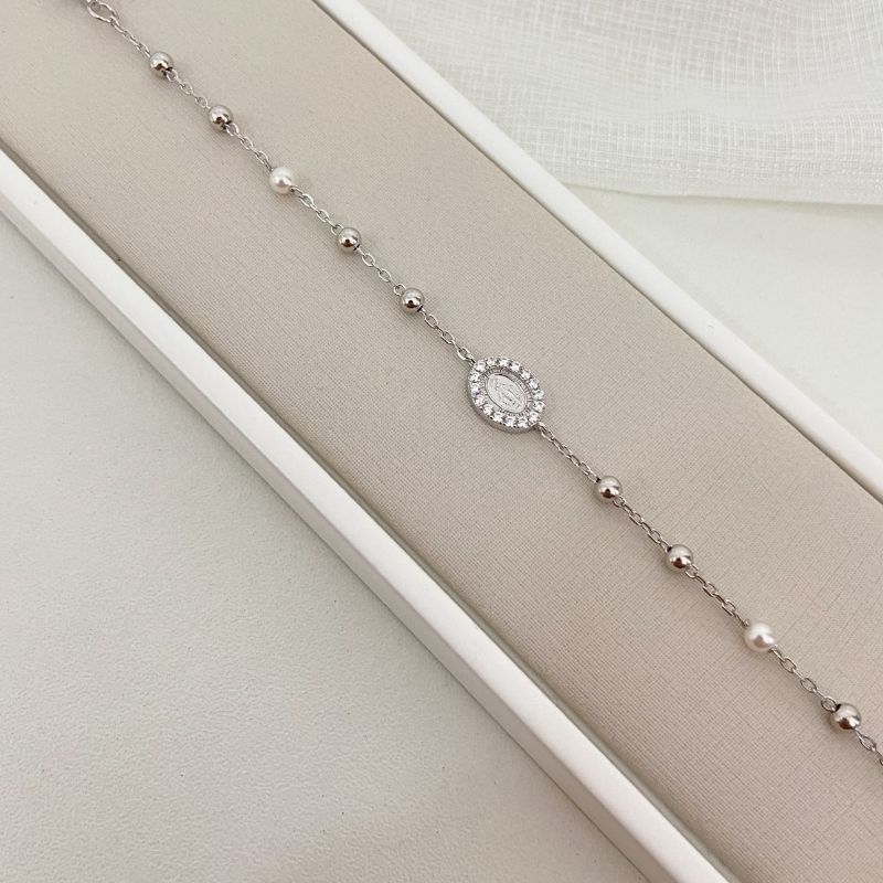Pulseira Prata N.senhora/Cruz 1mm 17cm Cravejada