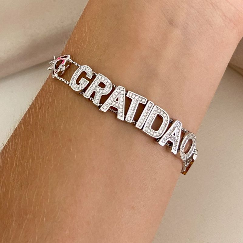Pulseira Prata Gratidão Coração Cravejada