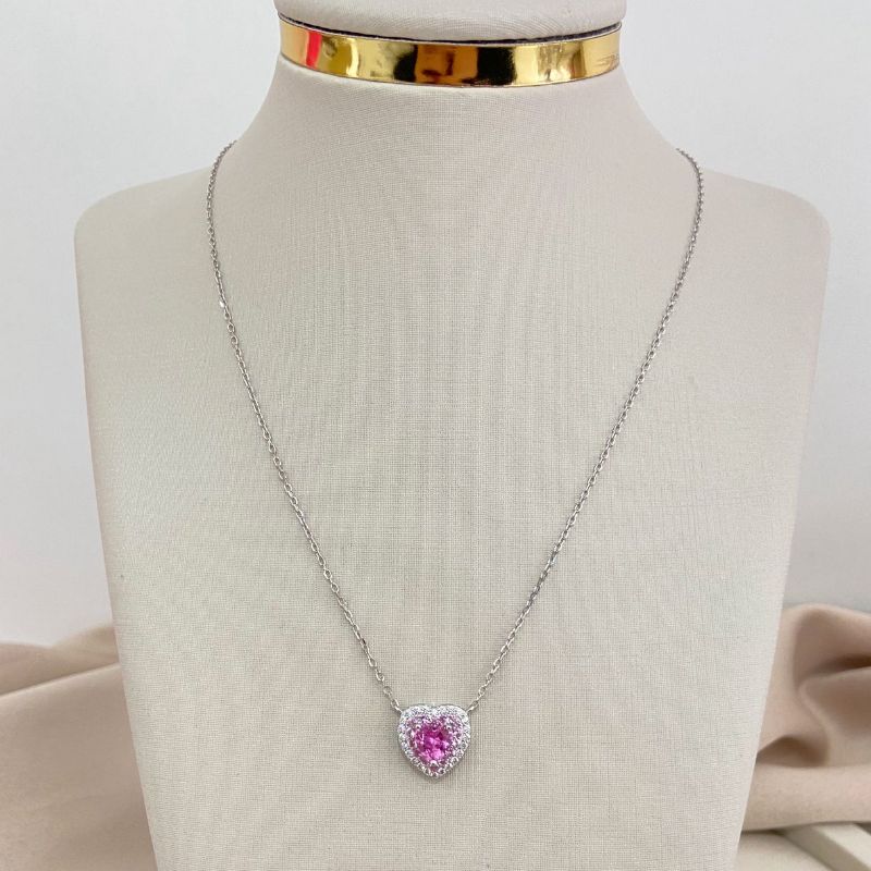 Gargantilha Prata Coração Rosa Cravejada