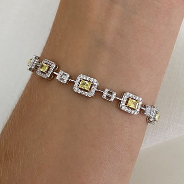 Pulseira Prata Pedra Amarela Cravejada 17cm 4mm