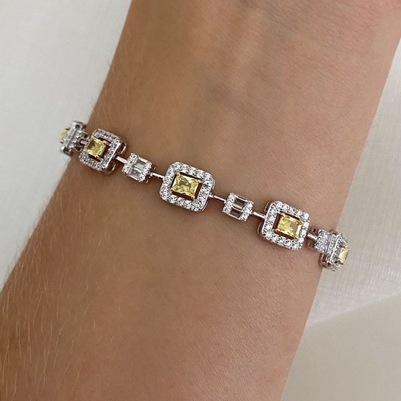 Pulseira Prata Pedra Amarela Cravejada 17cm 4mm
