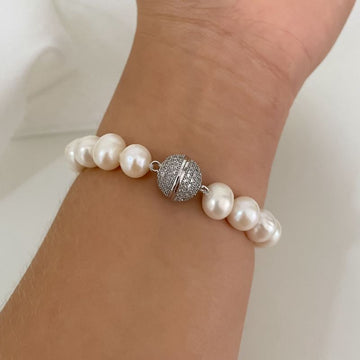 Pulseira Prata Perola 1 Bolinha Cravejada