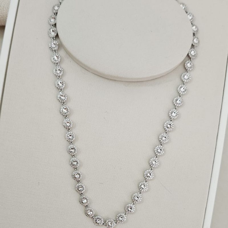 Gargantilha Prata Pedras Cristal Cravejada 40cm