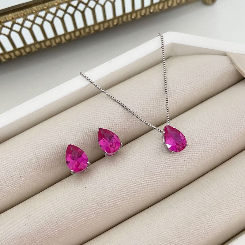 Conjunto Prata Pedra Rosa 7mm 45cm