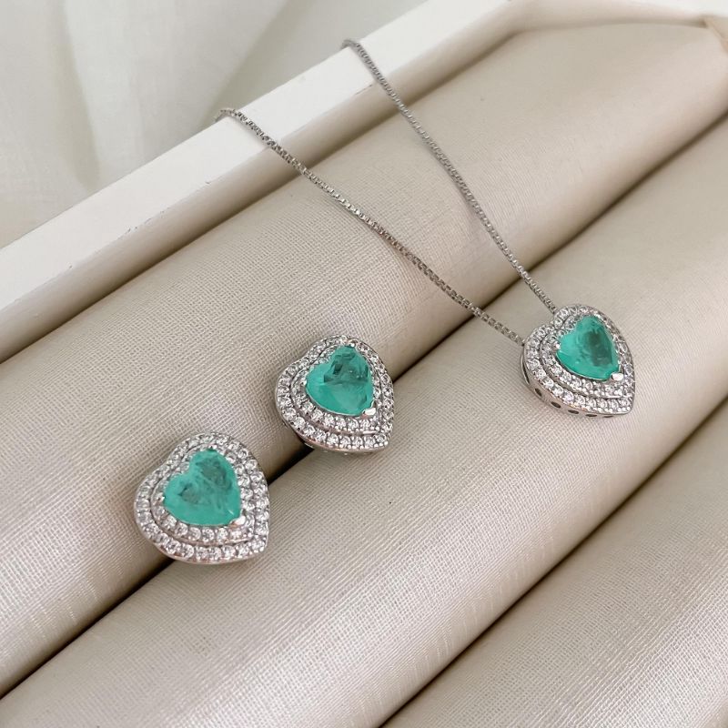 Conjunto Prata Coração Verde Claro 45cm 6 Mm