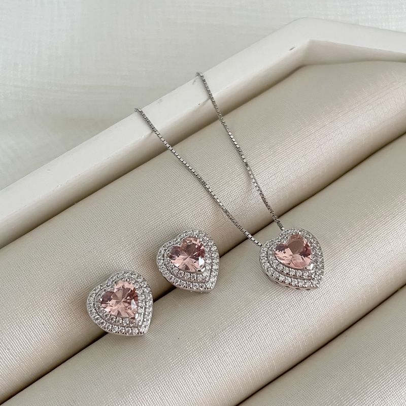 Conjunto Prata Coração Cravejado 6mm 45cm
