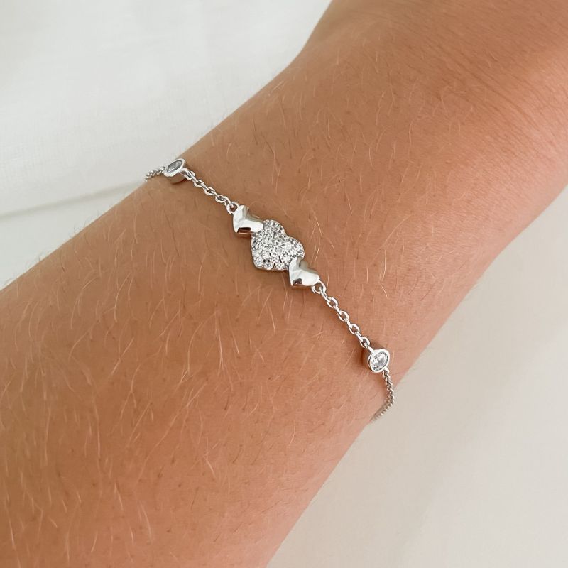 Pulseira Prata Coração Liso/Cravejado