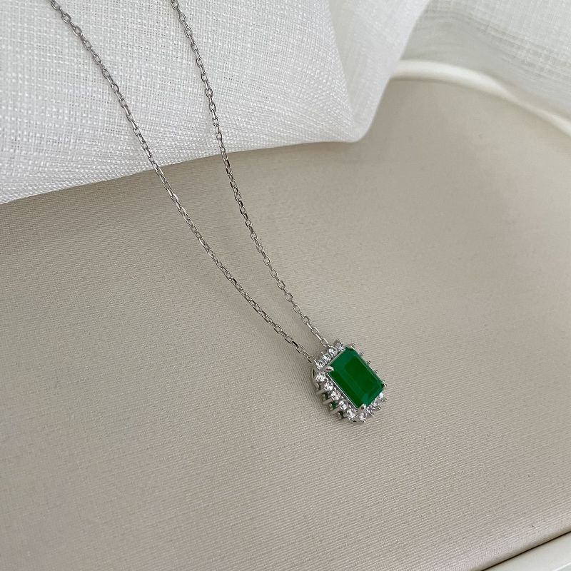 Gargantilha Prata Pedra Verde Escura Q Cravejada 45cm 6mm