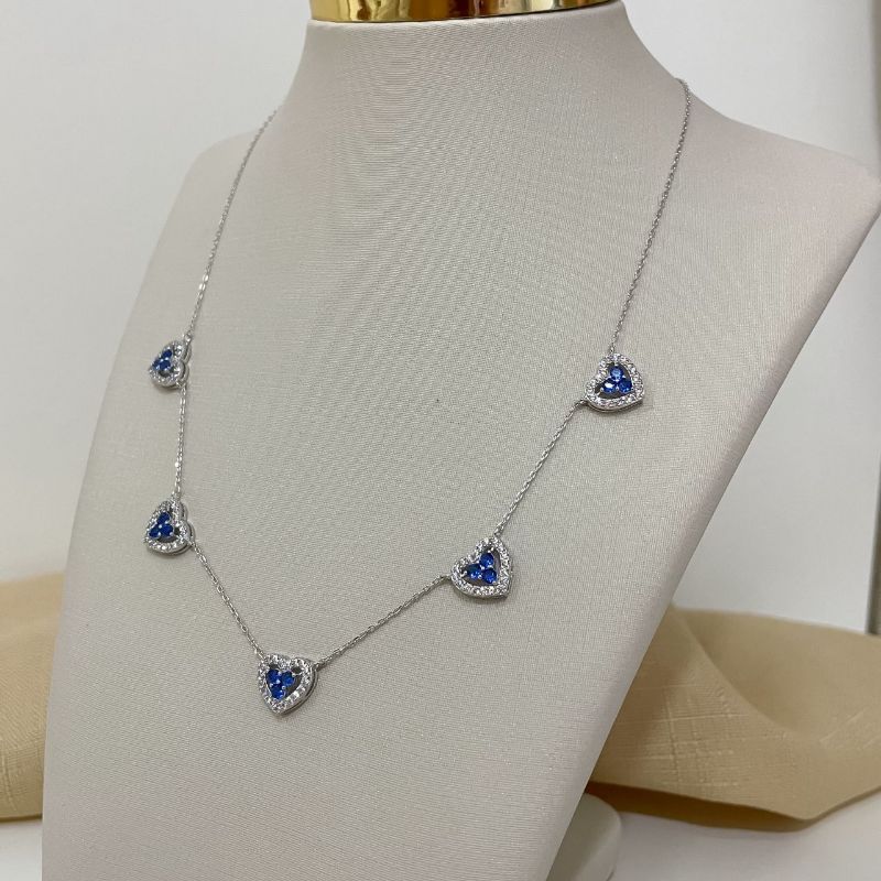 Gargantilha Prata 5 Corações Azul 2mm
