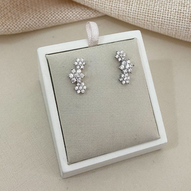 Brinco Prata Earcuff Flores Cristal 2mm
