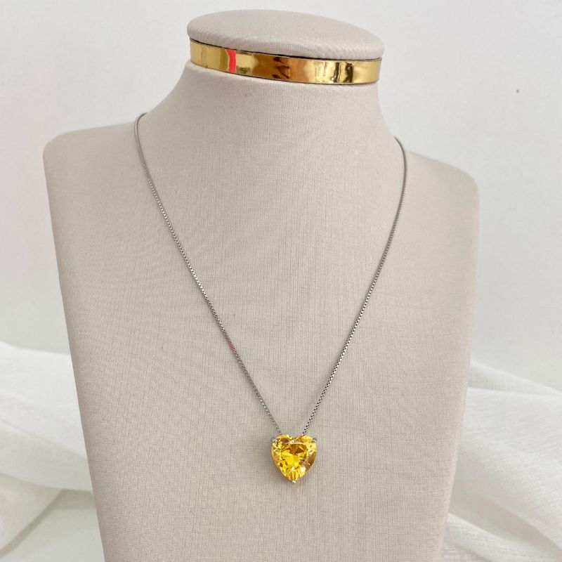 Gargantilha Prata Coração Amarelo