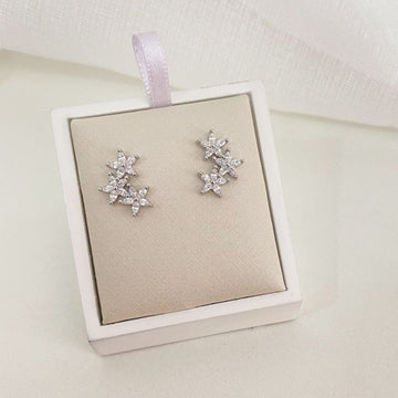 Brinco Prata 3 Flores em Pedras 2 Mm