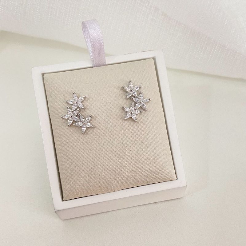 Brinco Prata 3 Flores em Pedras 2 Mm