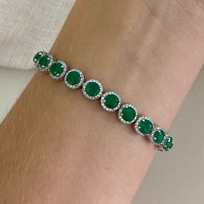 Pulseira Prata Pedra 5mm Verde Cravejada 17cm