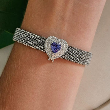 Pingente Prata Pulseira Coração Cravejado Azul