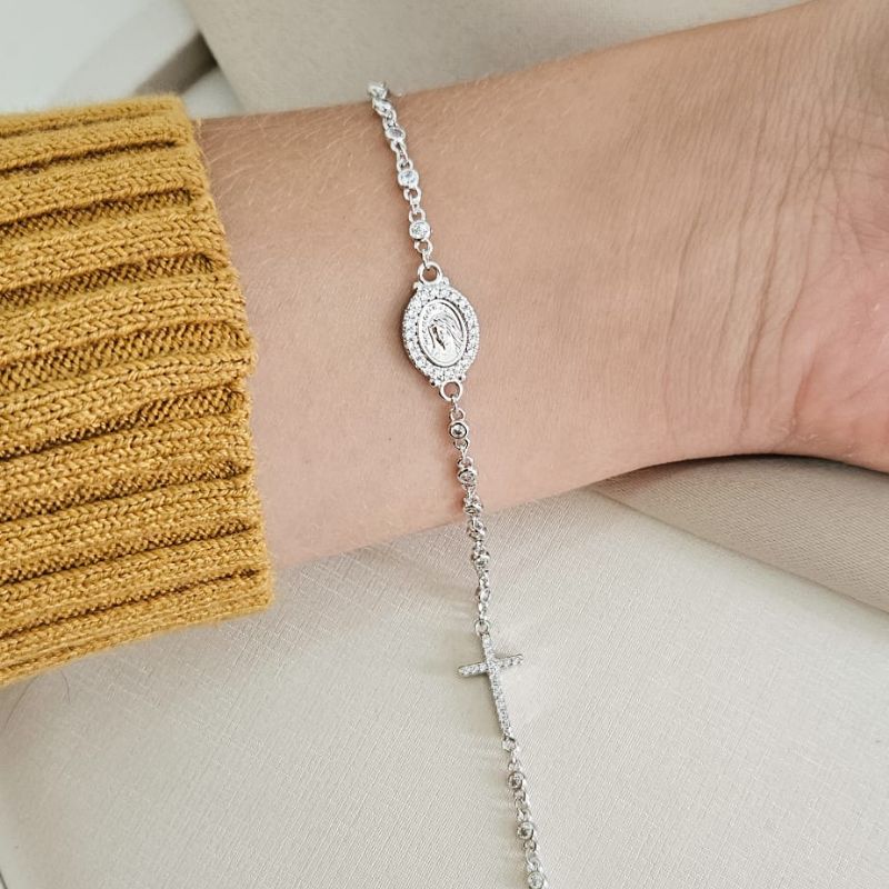 Pulseira Prata Imagem Cruz Cravejada