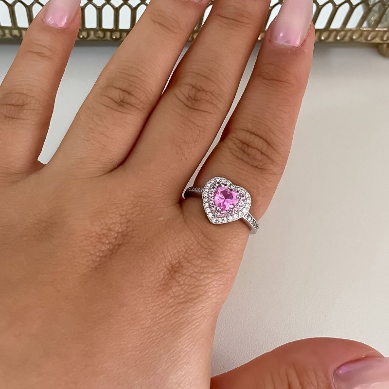 Anel Prata Coração Rosa