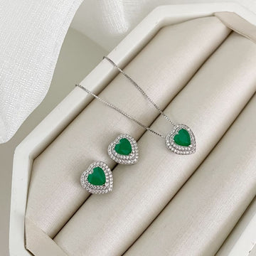 Conjunto Prata Coração Verde 2f Cravejado