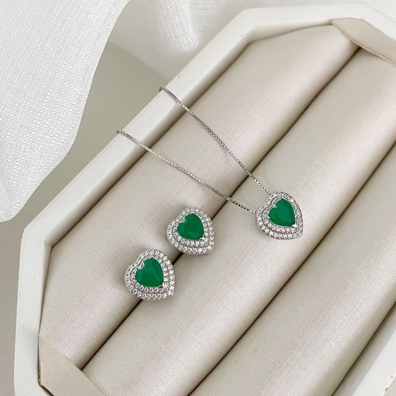 Conjunto Prata Coração Verde 2f Cravejado