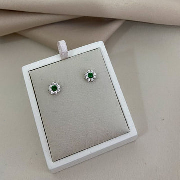 Brinco Prata Flor Verde Cravejada