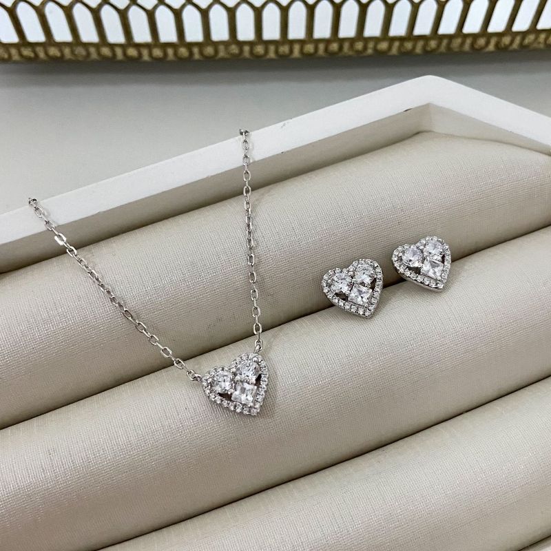 Conjunto Prata Coração 3p Cristais