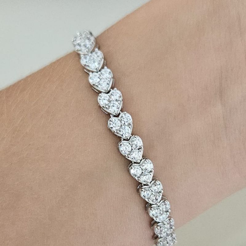 Pulseira Prata Coracoes Pedras 2mm