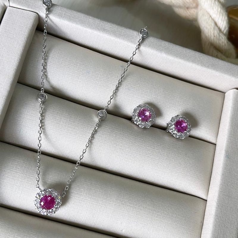Conjunto Prata Cravejado Pedra Rosa
