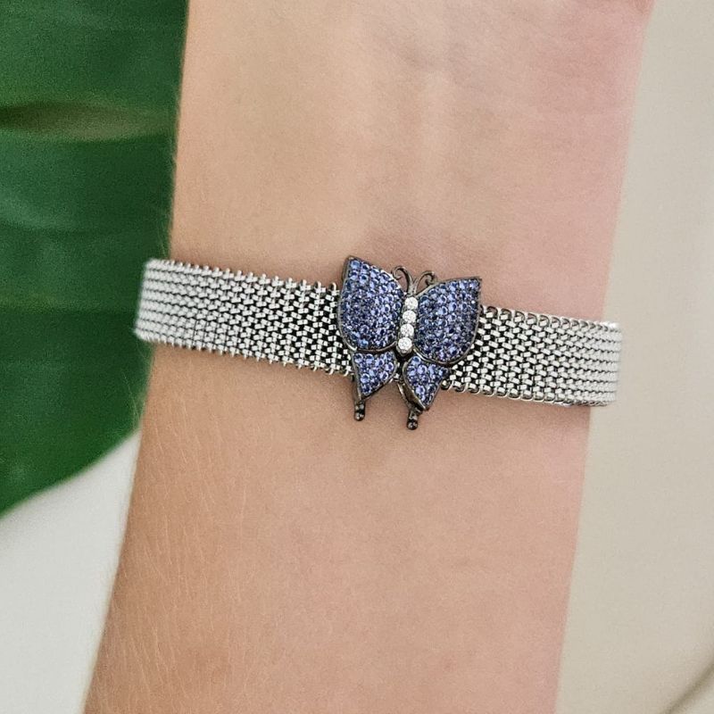 Pingente Prata Pulseira Borboleta Azul