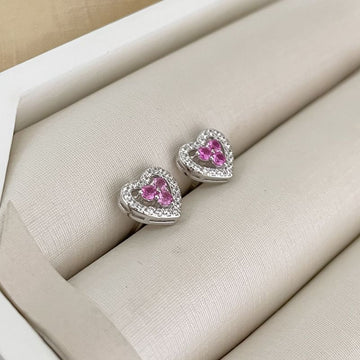 Brinco Prata Coração Rosa Cravejado 2mm